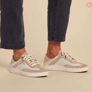 OluKai Kilea Sneakers Retro Court Sneaker Tan White Collapsible Back Slip On